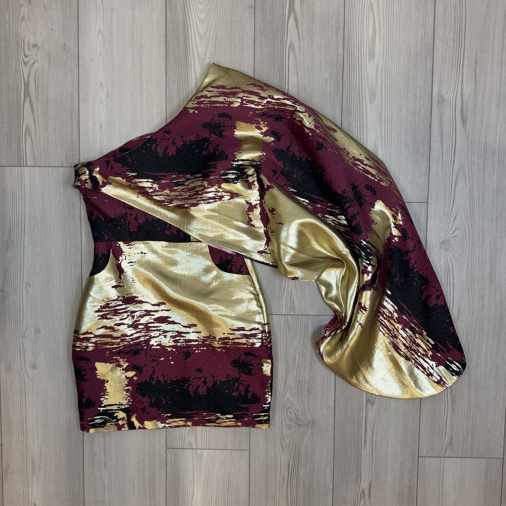 NWT Kahindo Hadiza Mini Dress Womens 4 Red Gold One Sleeve Artsy African Inspire